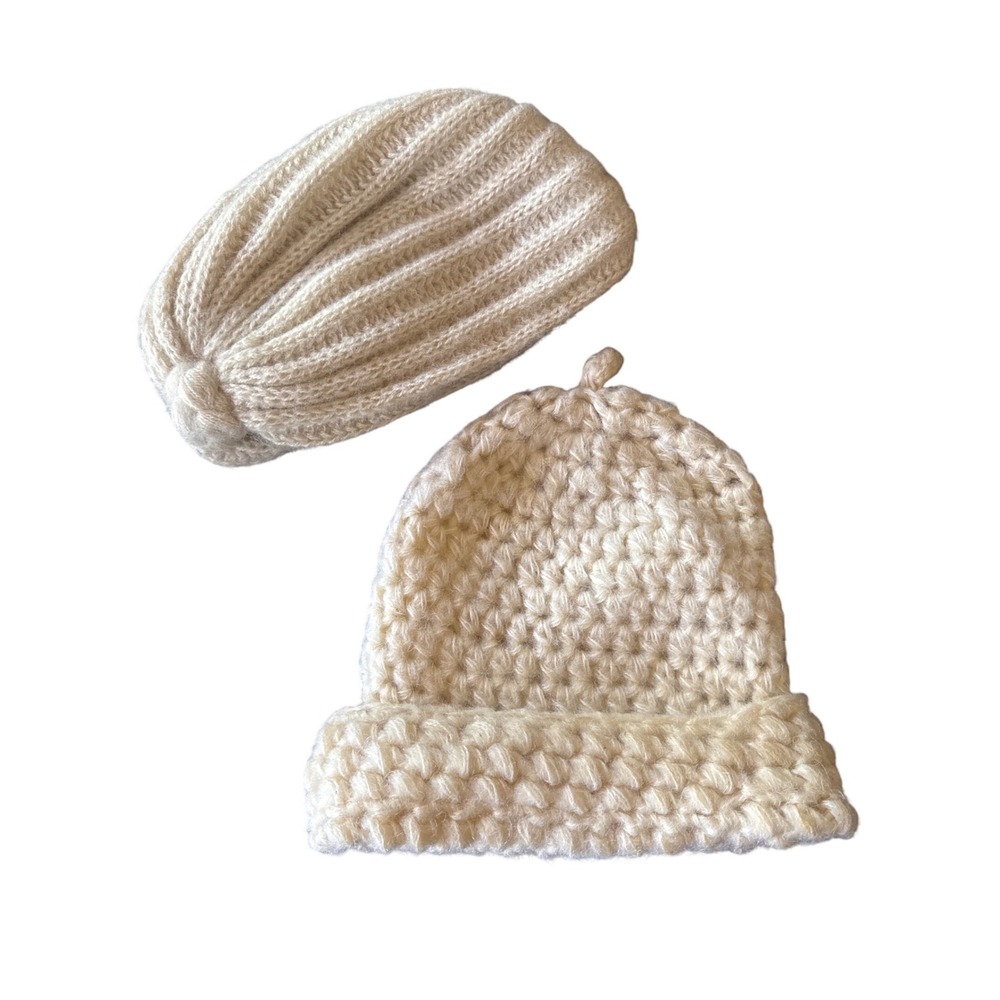 Vintage Keynote Italy Acrylic Turban Hat and Chunky Knit Wool Beanie Set Ivory